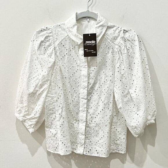 Zara Puff Sleeve Button-Front Shirt with Perforated Embroidery White Women's XS - Picture 1 of 4